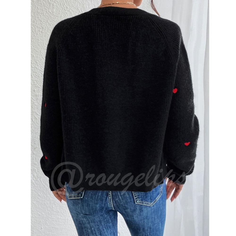 Red Hearts Cardigan Black Oversized Long Sleeve, Button Through Drop Shoulder - Picture 5 of 7